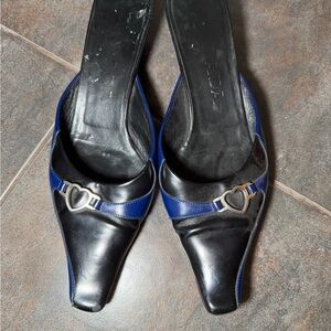 Vintage Prada Black and Blue Heart Accent Mules